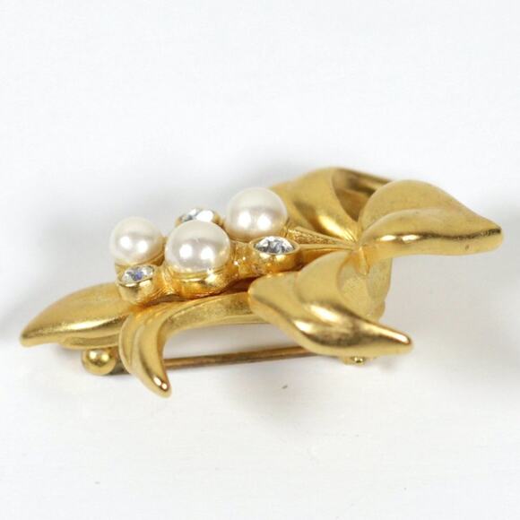Swarovski Signed Gold Tone Crystal Faux Pearl Lily Mini Brooch Pin - Picture 3 of 7